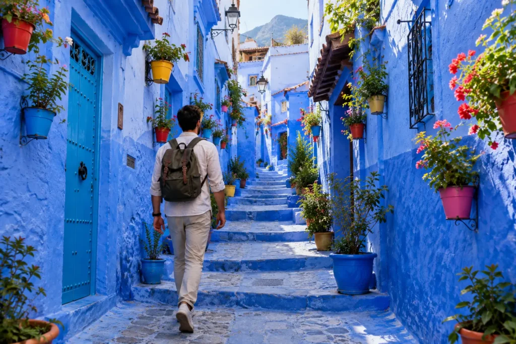 First trip to Morocco – traveler walking in the blue streets of Chefchaouen