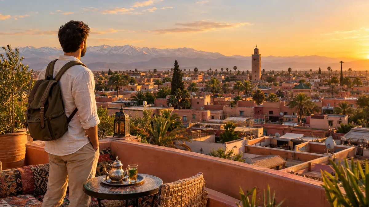 Morocco travel guide for first-time visitors – traveler on a Marrakech rooftop